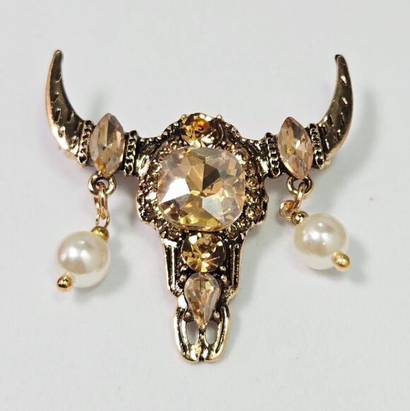 Boutique Jewelry - Gothic Bull Skull Brooch Gold Rhinestone Pearl Steer Head Pin Western Statement